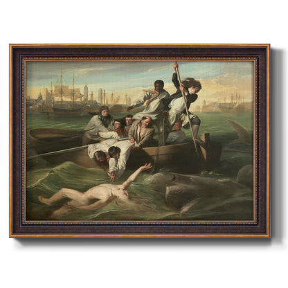 Dramatic historical scene of a shark attack by John Singleton Copley printed on canvas in an ornate bronzed mahogany wood frame.
