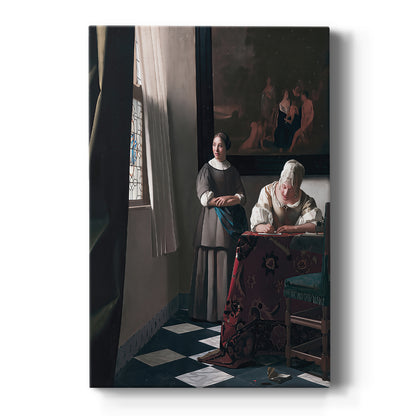 Canvas art print featuring a Baroque interior of a woman writing a letter with a maid nearby on a clean white background.
