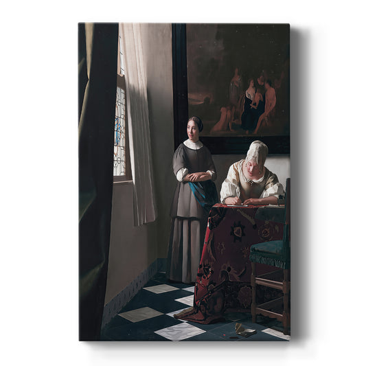 Canvas art print featuring a Baroque interior of a woman writing a letter with a maid nearby on a clean white background.
