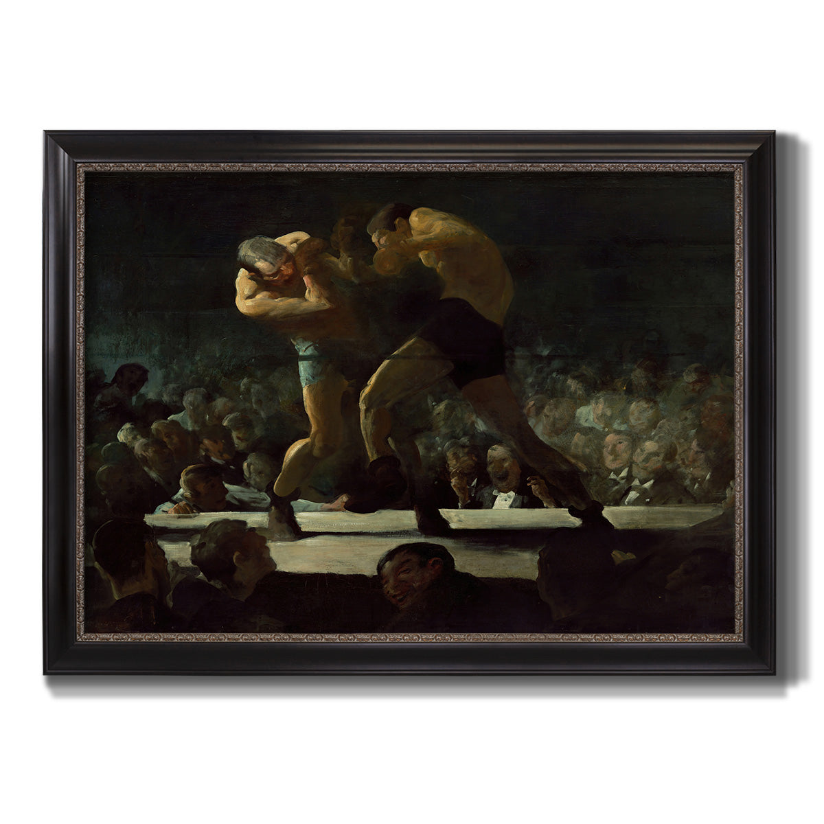 American social club scene painting by George Bellows printed on canvas in an ornate black frame with gilded inner detail.