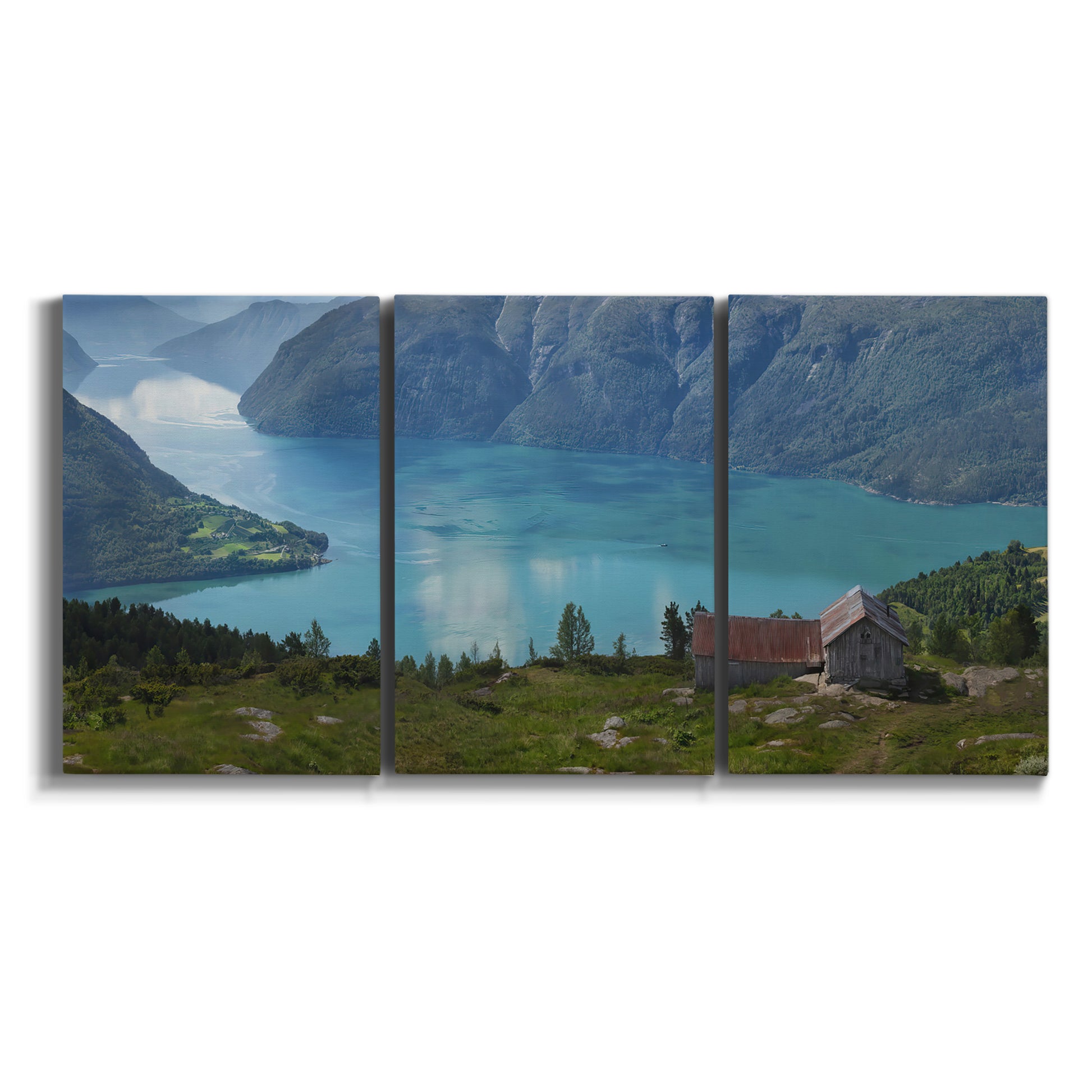 Three-panel canvas wall art featuring symmetrical water reflections with trees on white background.