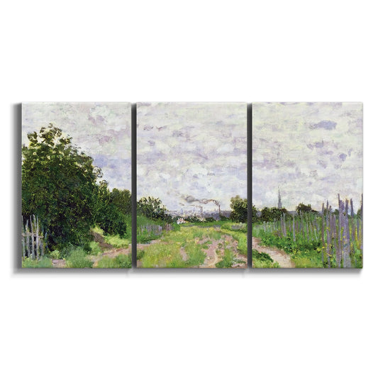 Three-panel canvas wall art featuring spring landscape with blossoming trees on white background.