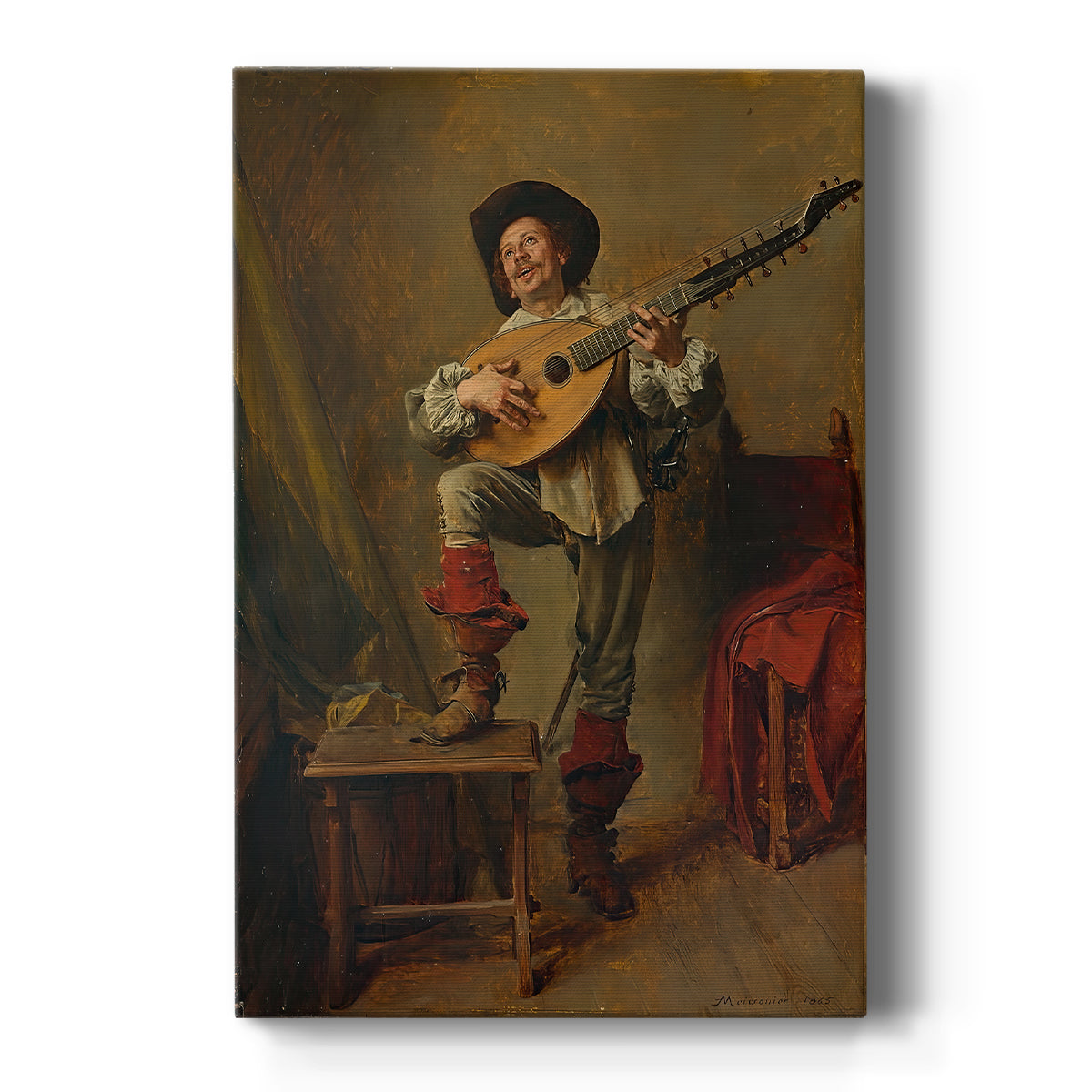 Canvas art print featuring a realistic scene of a soldier playing a stringed instrument indoors on a clean white background.
