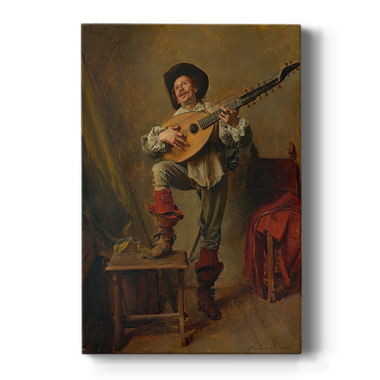 Canvas art print featuring a realistic scene of a soldier playing a stringed instrument indoors on a clean white background.