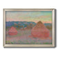 Impressionist haystack series landscape by Claude Monet printed on canvas in an ornate champagne frame.