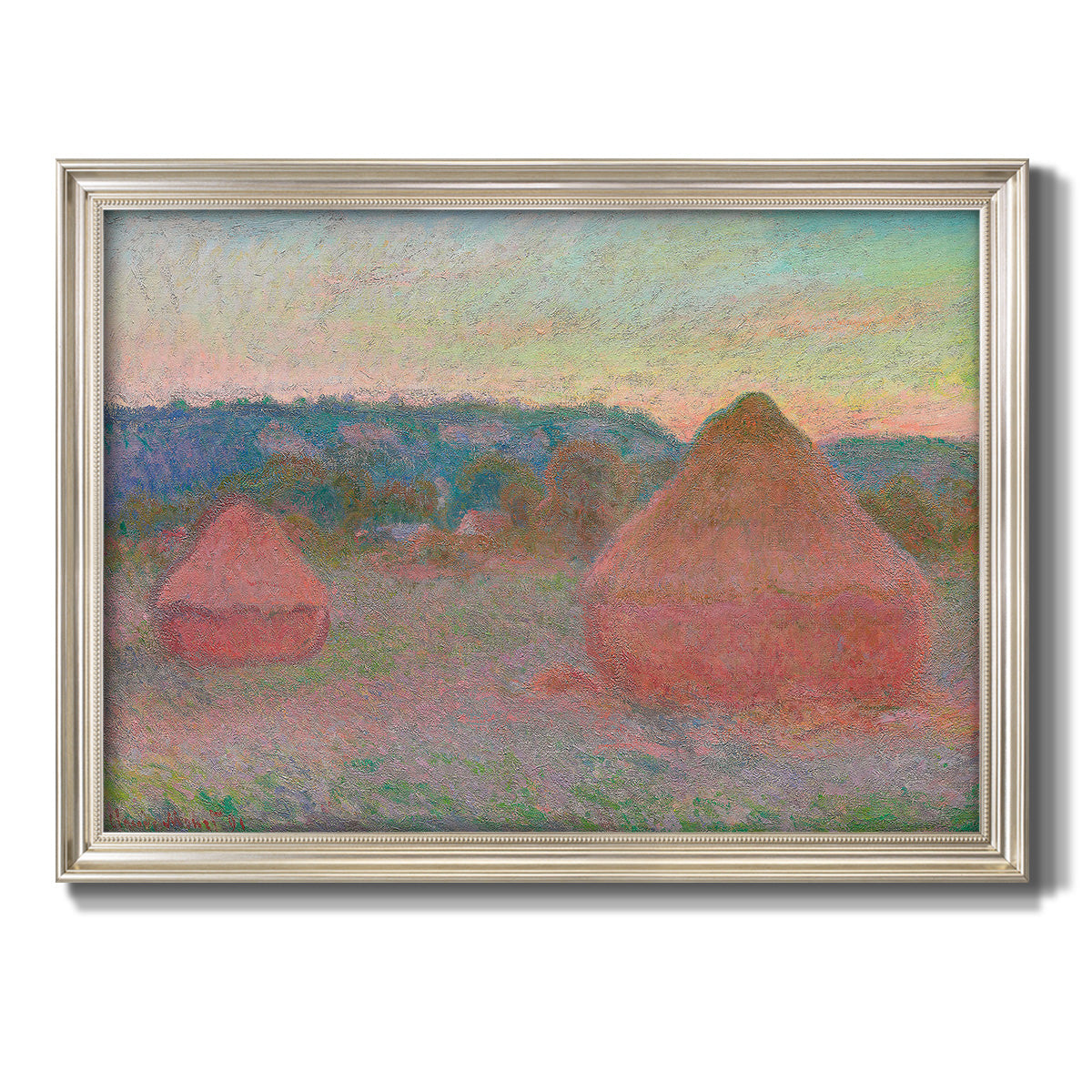 Impressionist haystack series landscape by Claude Monet printed on canvas in an ornate champagne frame.