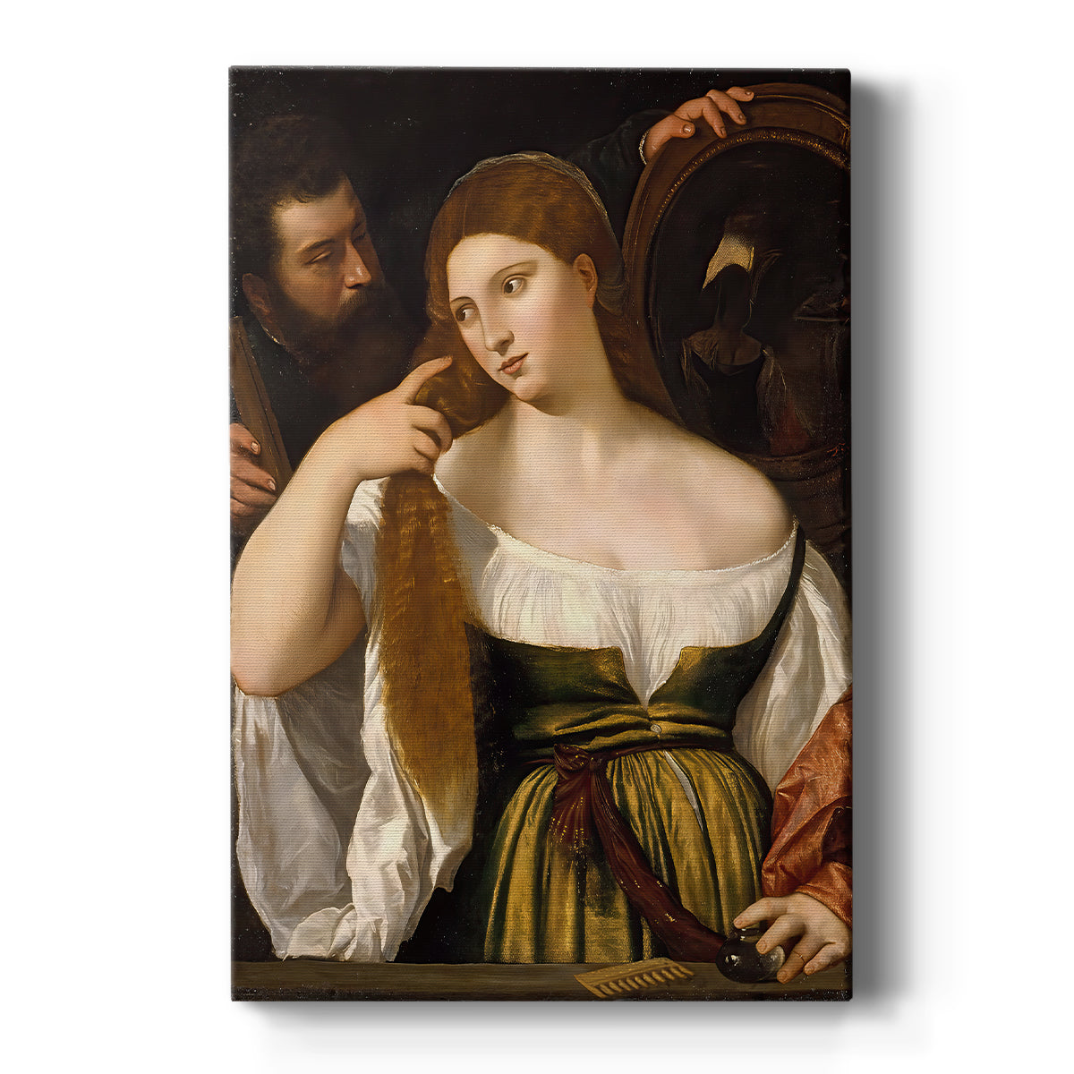 Canvas art print featuring a Renaissance portrait of a woman holding a mirror with rich tones on a clean white background.