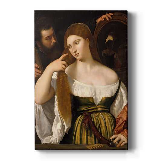 Canvas art print featuring a Renaissance portrait of a woman holding a mirror with rich tones on a clean white background.