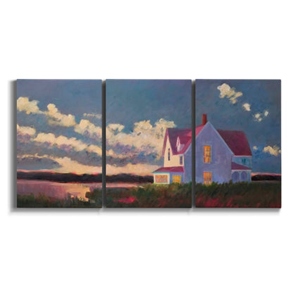 Three-panel canvas wall art featuring farmhouse scene before approaching storm on white background.