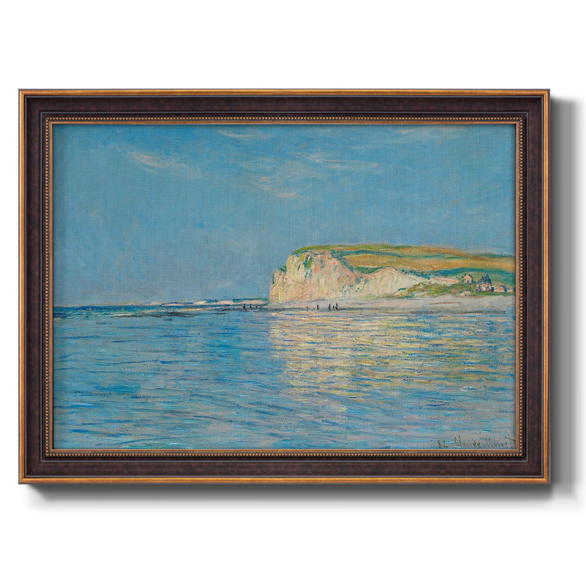 Impressionist coastal low-tide seascape at Pourville by Claude Monet printed on canvas in an ornate bronzed mahogany wood frame.