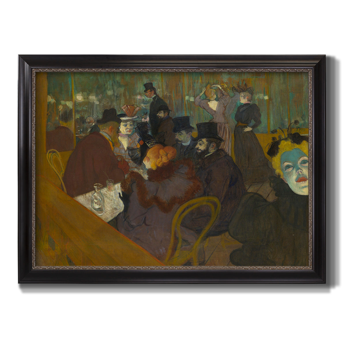 Impressionist cabaret interior scene by Henri de Toulouse-Lautrec printed on canvas in an ornate black frame with gilded inner detail.