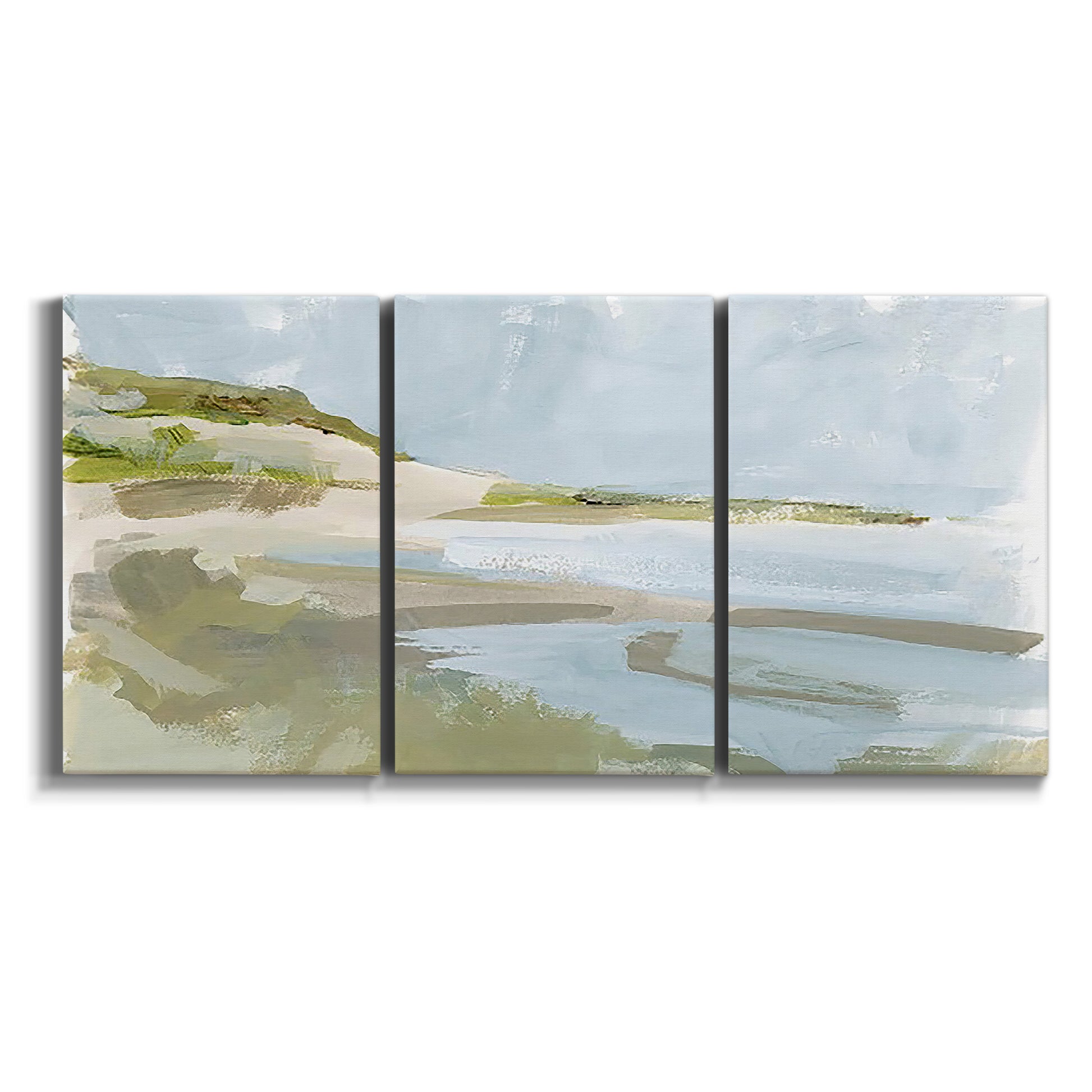 Three-panel canvas wall art featuring coastal cove with calm water on white background.
