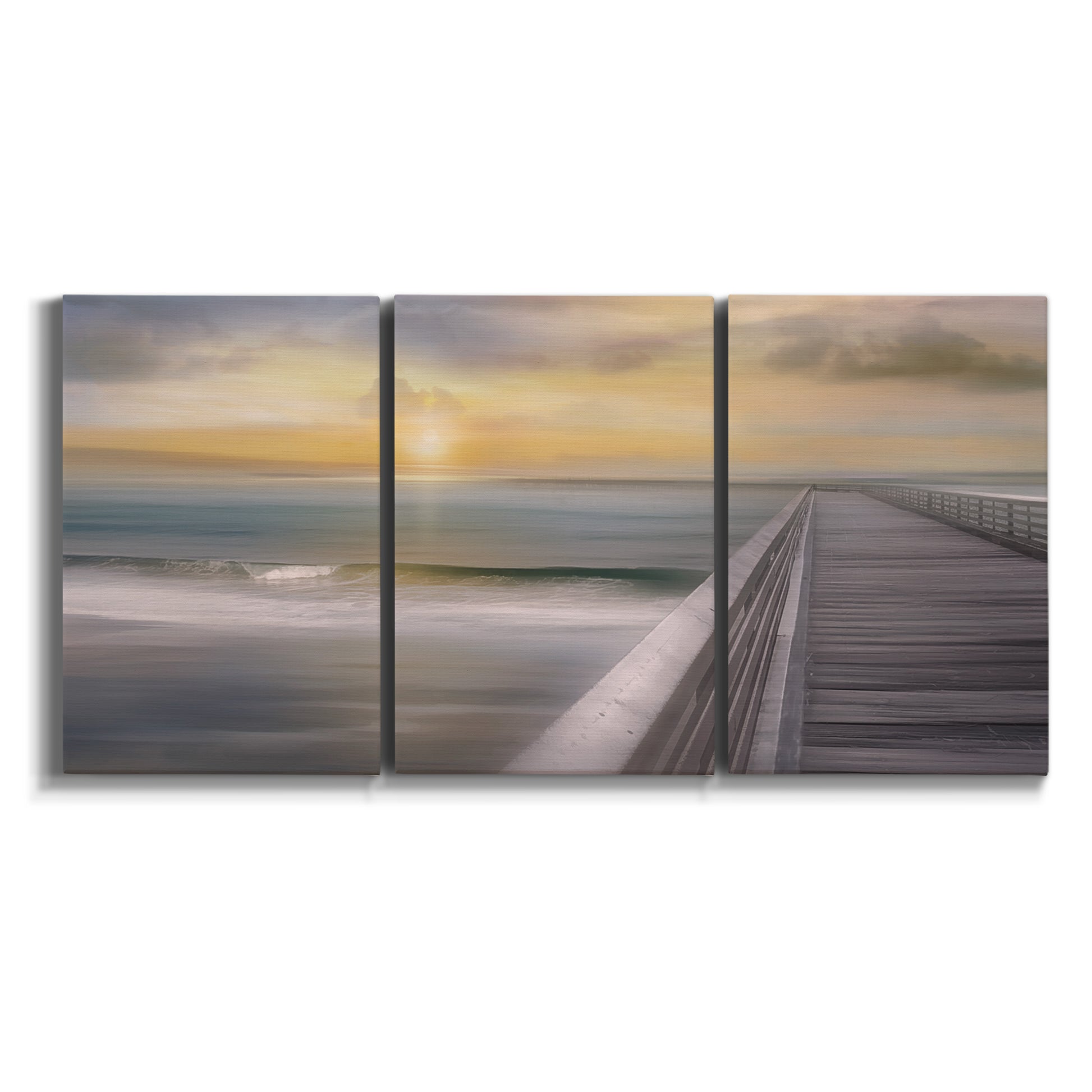 Three-panel canvas wall art featuring tropical beach at sunset photograph on white background.