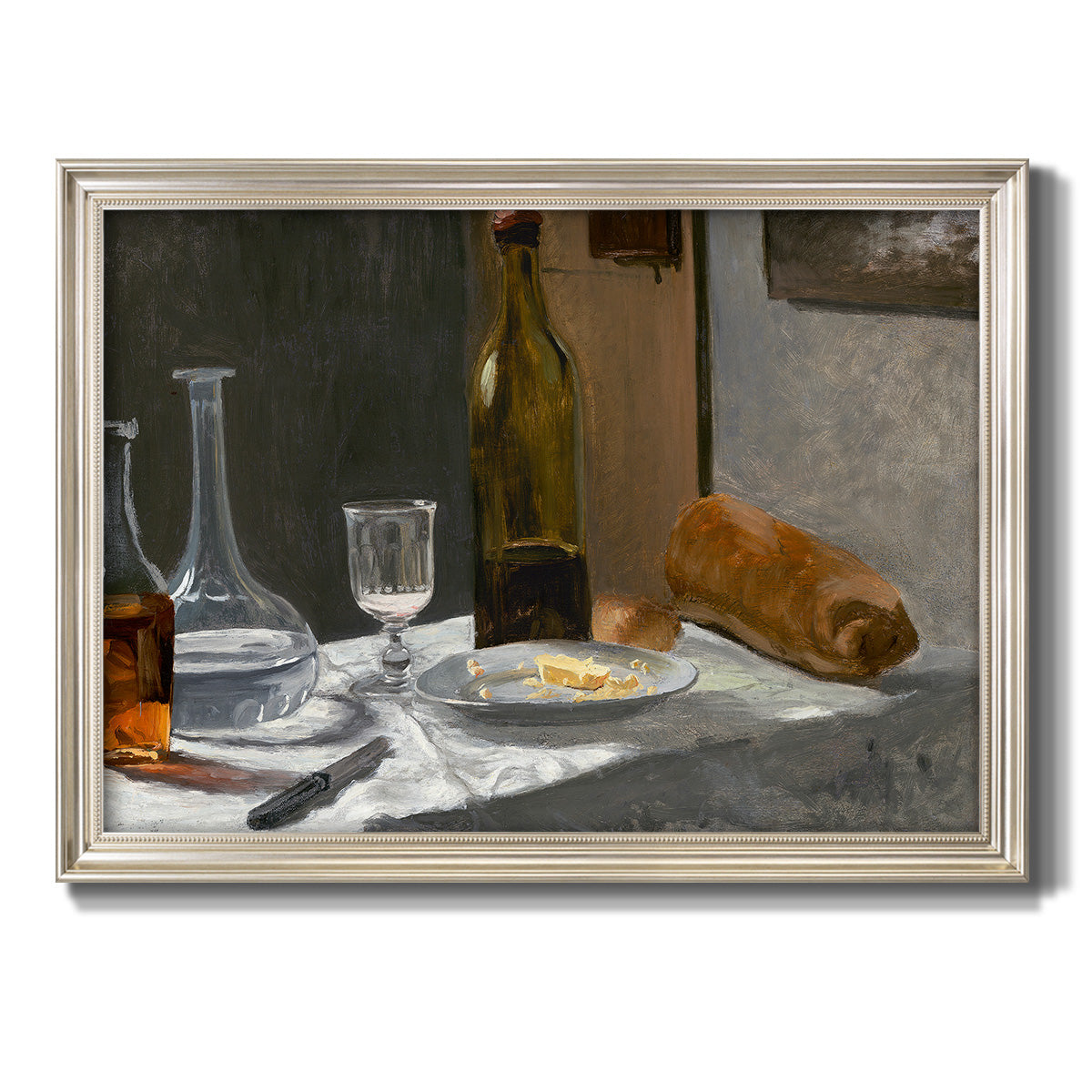 Impressionist still life with wine and bread by Claude Monet printed on canvas in an ornate champagne frame.
