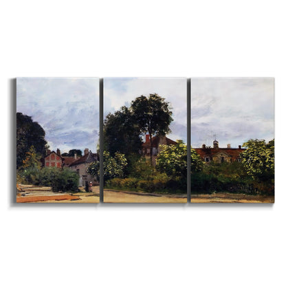 Three-panel canvas wall art featuring garden corner with flowering trees on white background.
