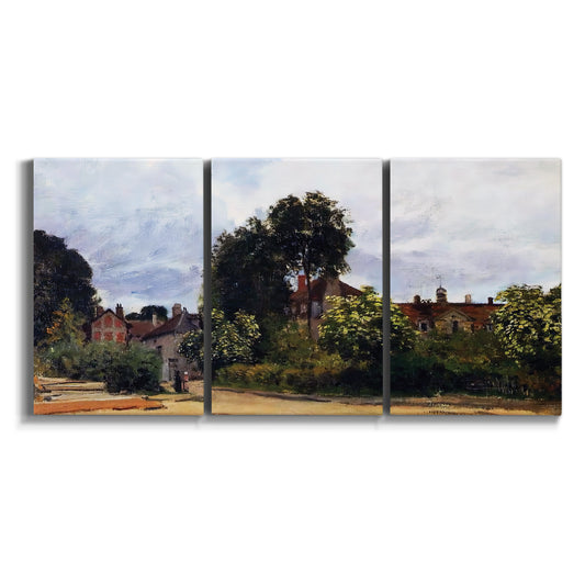 Three-panel canvas wall art featuring garden corner with flowering trees on white background.
