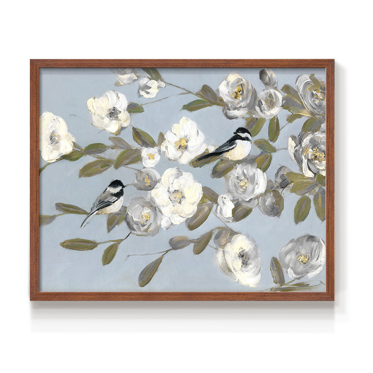 Chickadees and Blossoms I - Restickable Framed Art Print