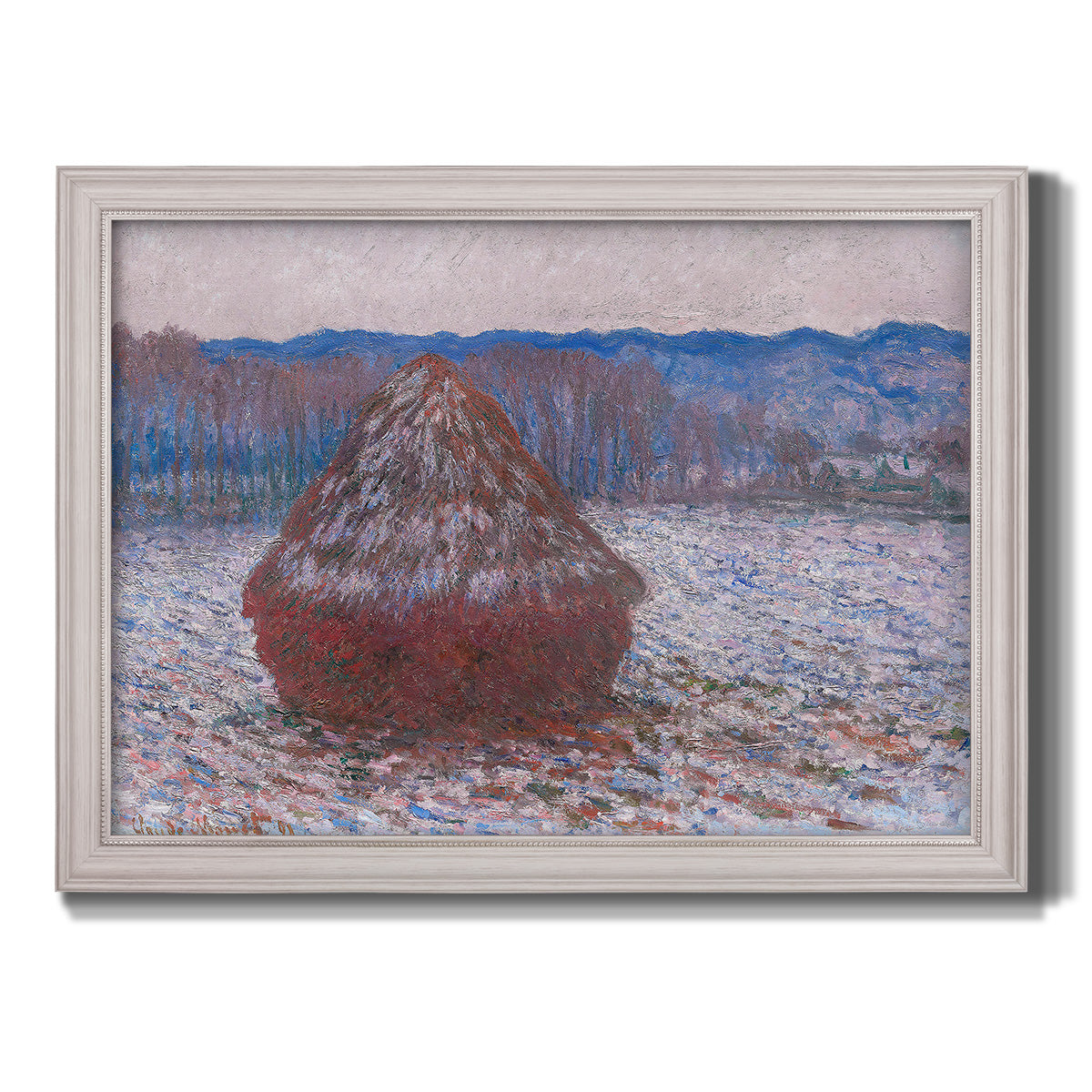 Impressionist single haystack landscape by Claude Monet printed on canvas in an ornate weathered white frame.
