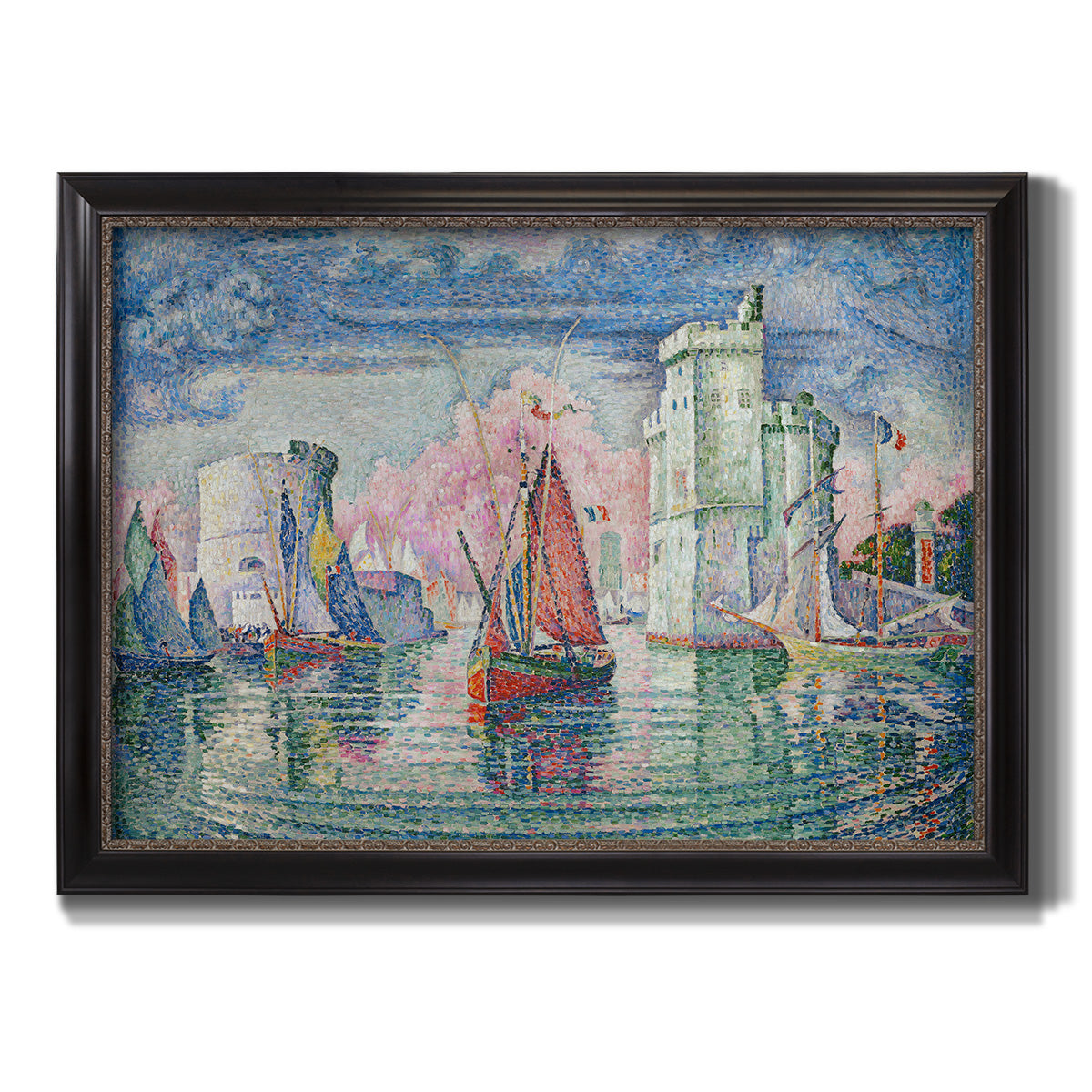Impressionist harbor scene by Paul Signac printed on canvas in an ornate black frame with gilded inner detail.