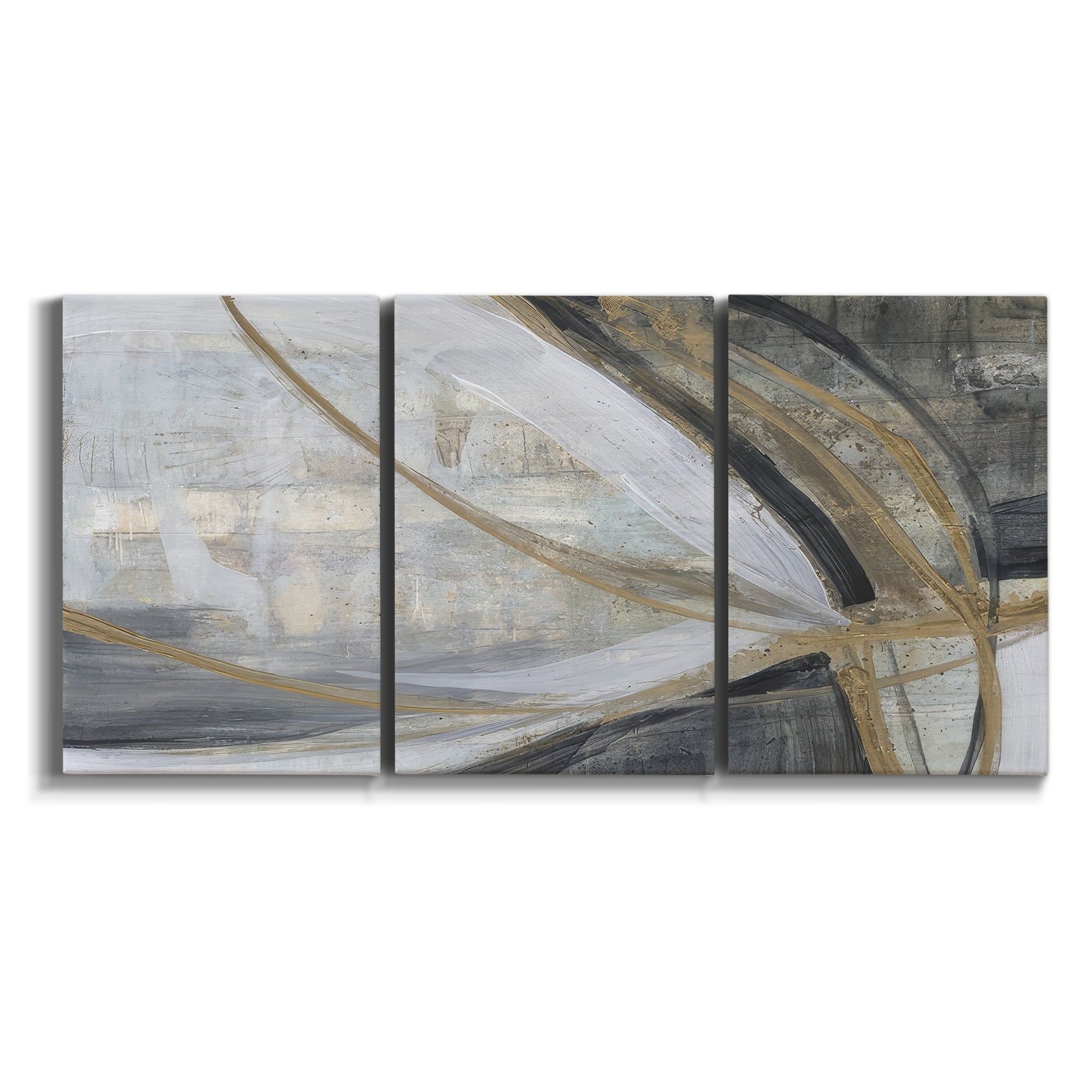 Three-panel canvas wall art featuring spiraling abstract vortex motion on white background.