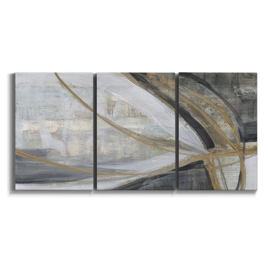 Three-panel canvas wall art featuring spiraling abstract vortex motion on white background.