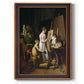Classical interior painting of an artist at work by Louis-Leopold Boilly printed on canvas in an ornate weathered white frame with a vertical orientation.