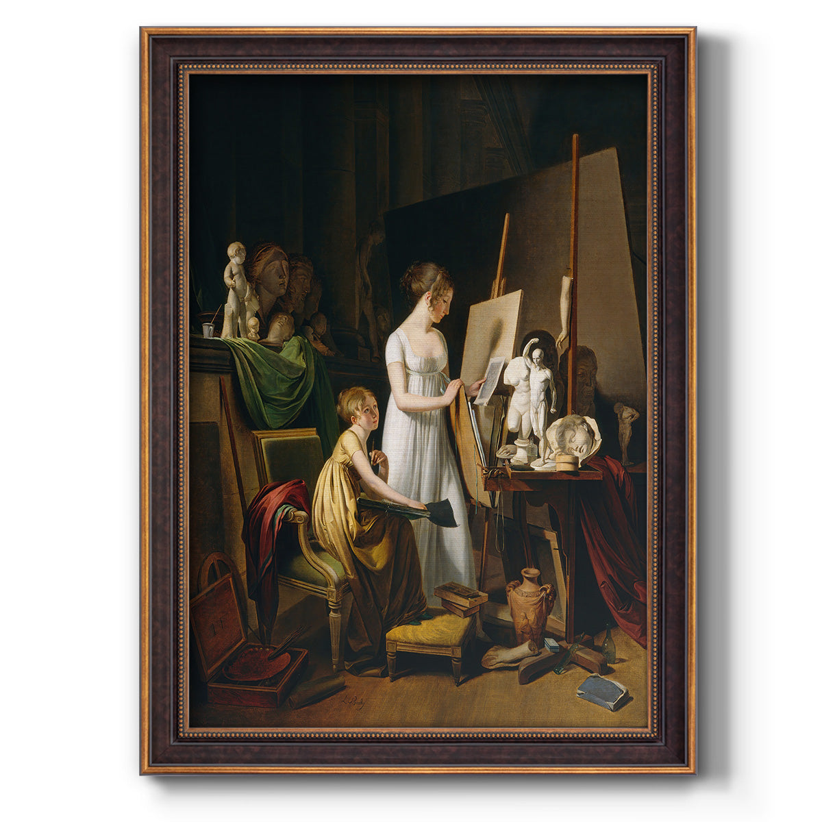 Classical interior painting of an artist at work by Louis-Leopold Boilly printed on canvas in an ornate weathered white frame with a vertical orientation.