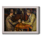 Post-impressionist genre scene of card players by Paul Cézanne printed on canvas in an ornate weathered white frame.