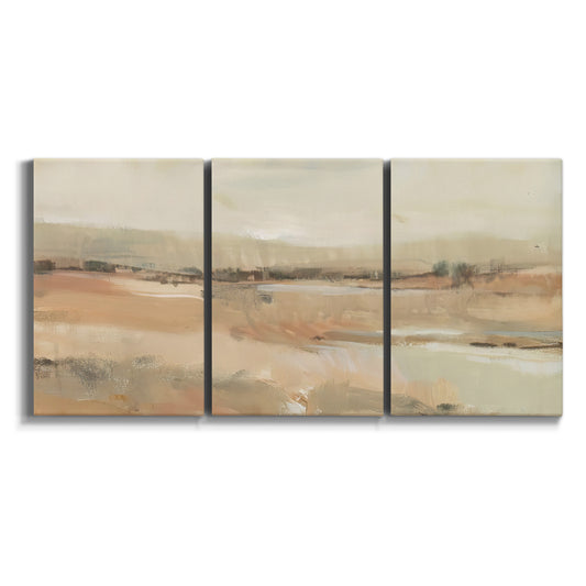 Three-panel canvas wall art featuring earth toned abstract landscape on white background.