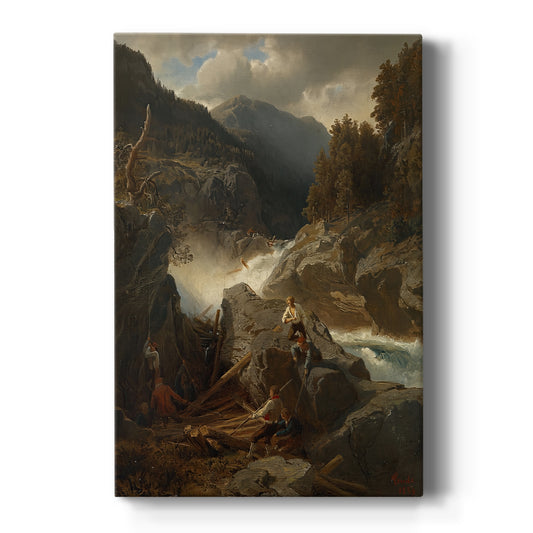 Canvas art print featuring a Romantic landscape with a waterfall flowing through rugged terrain on a clean white background.