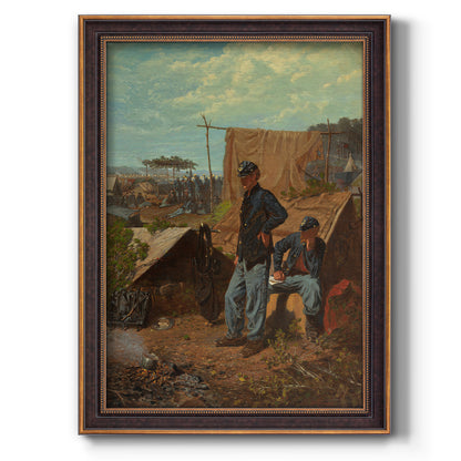 American genre scene of domestic life by Winslow Homer printed on canvas in an ornate bronzed mahogany wood frame with a vertical orientation.