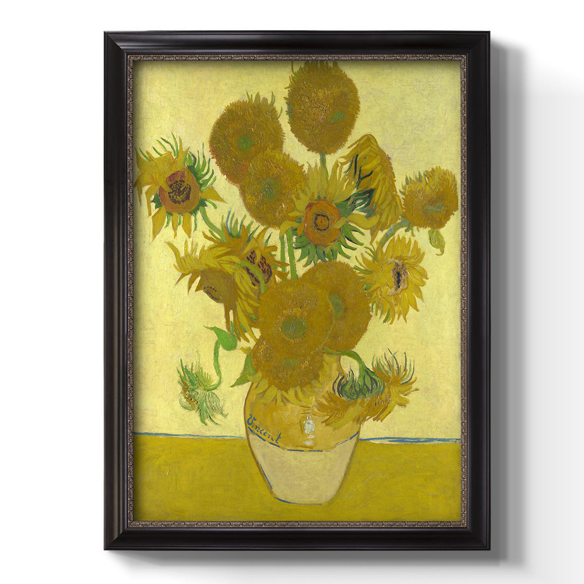 Impressionist sunflower still life painting by Vincent van Gogh printed on canvas in an ornate bronzed mahogany wood frame with a vertical orientation.