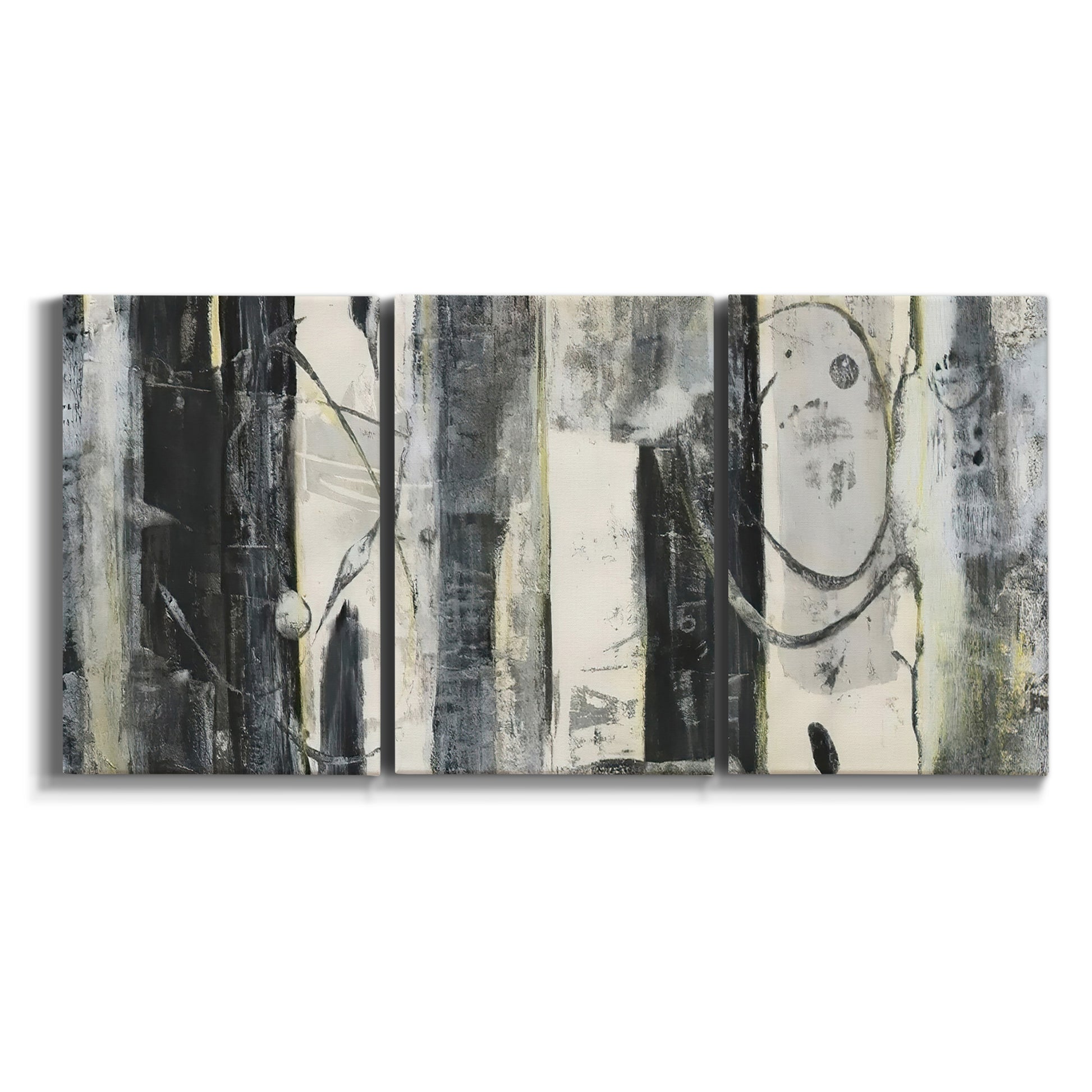 Three-panel canvas wall art featuring vertical abstract tree forms on white background.