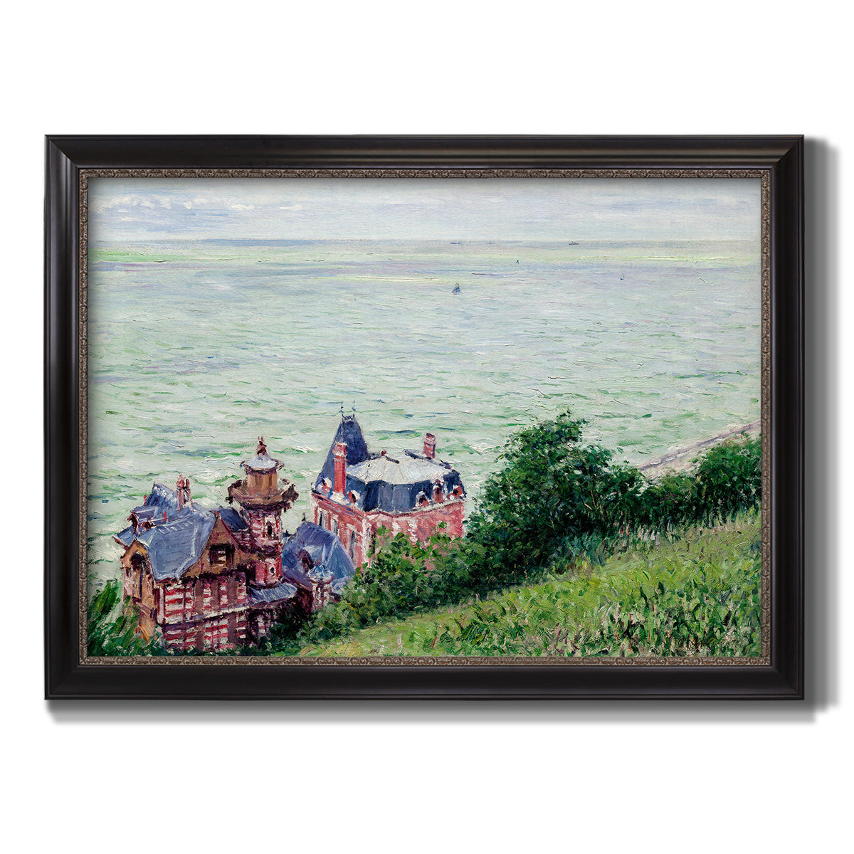 Impressionist coastal villas landscape by Gustave Caillebotte printed on canvas in an ornate black frame with gilded inner detail.