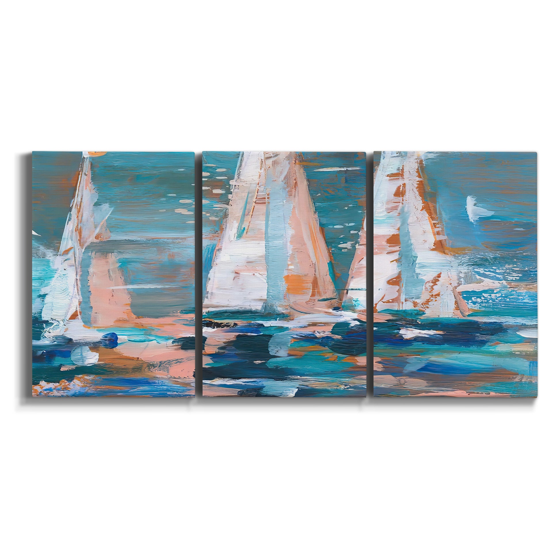 Three-panel canvas wall art featuring graphic pop style sailboats on white background.