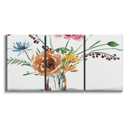 Three-panel canvas wall art featuring vibrant floral bouquet on white background.