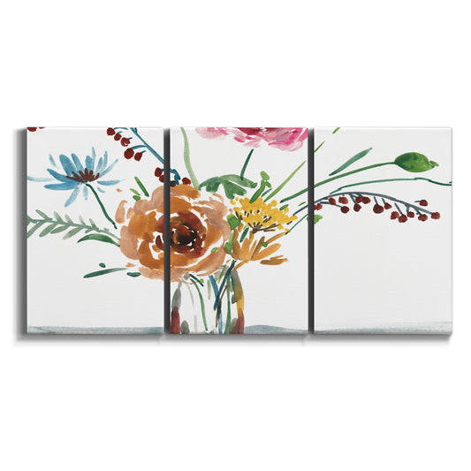 Three-panel canvas wall art featuring vibrant floral bouquet on white background.