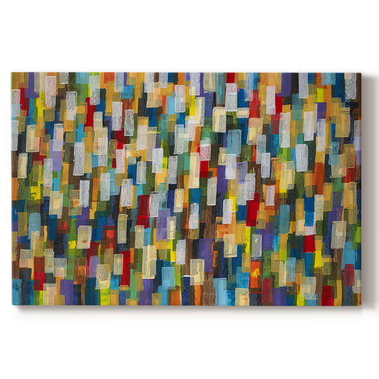 Bright colors and varied shapes dominate this abstract artwork, creating a lively atmosphere. The piece features numerous rectangles in assorted hues, evoking feelings of energy and movement