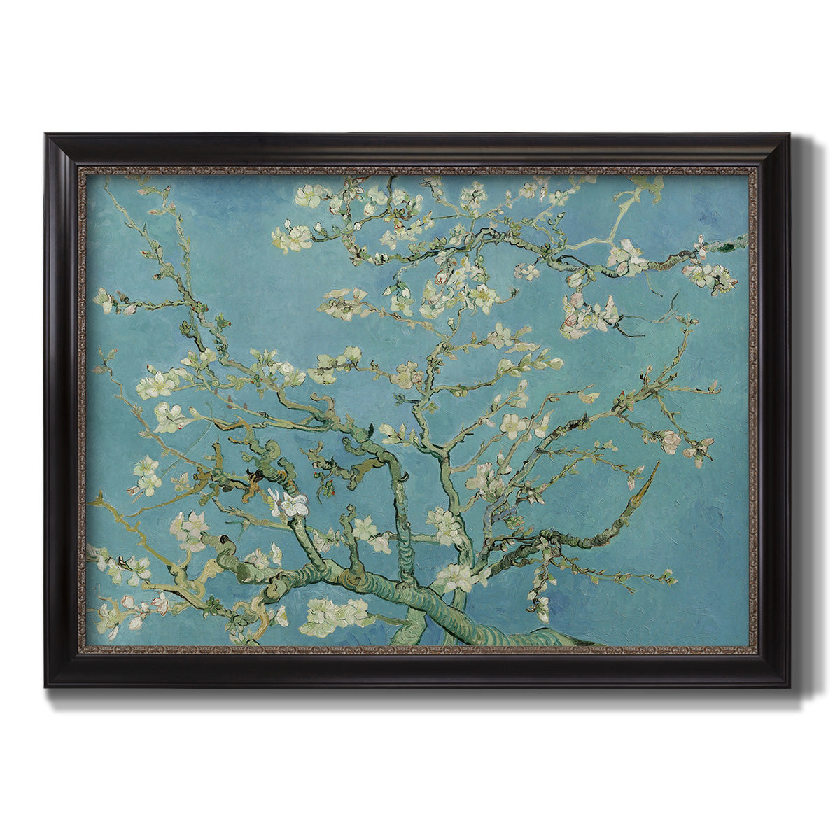 Impressionist flowering almond branch painting by Vincent van Gogh printed on canvas in an ornate black frame with gilded inner detail.