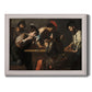 Genre painting of soldiers gambling by Valentin de Boulogne printed on canvas in an ornate weathered white frame.