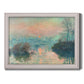 Impressionist winter river sunset scene by Claude Monet printed on canvas in an ornate weathered white frame.
