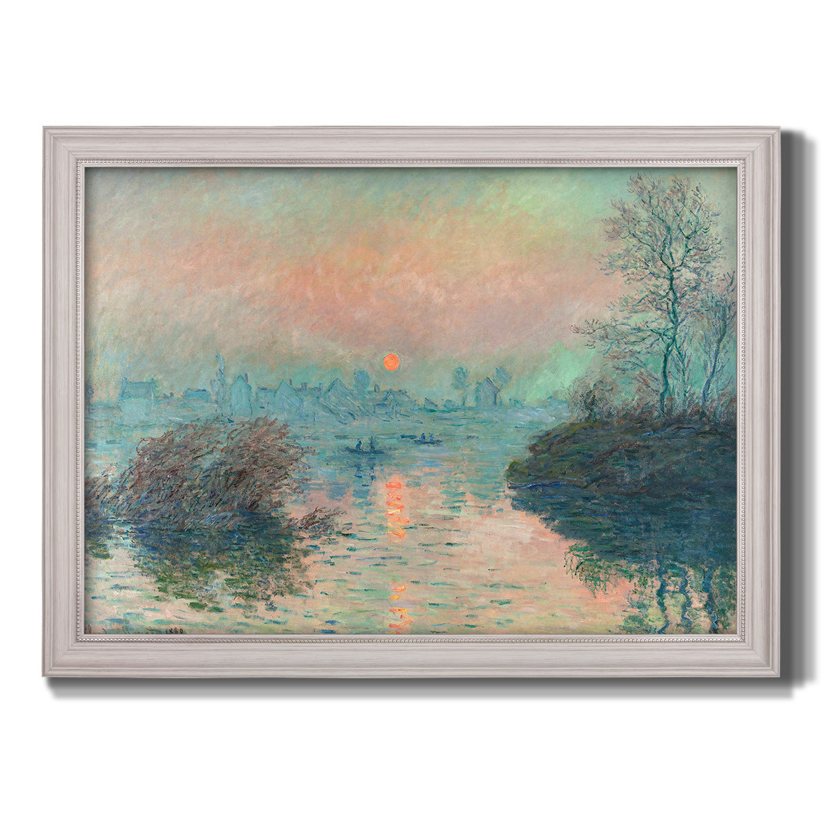 Impressionist winter river sunset scene by Claude Monet printed on canvas in an ornate weathered white frame.