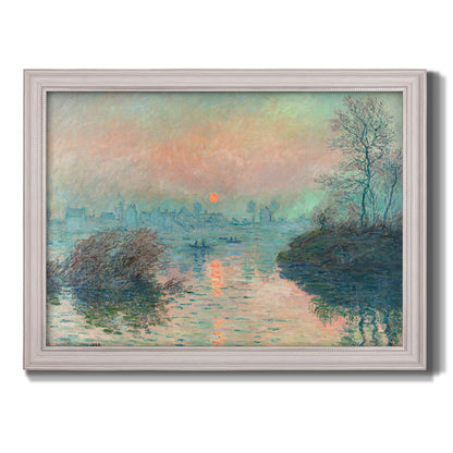 Impressionist winter river sunset scene by Claude Monet printed on canvas in an ornate weathered white frame.