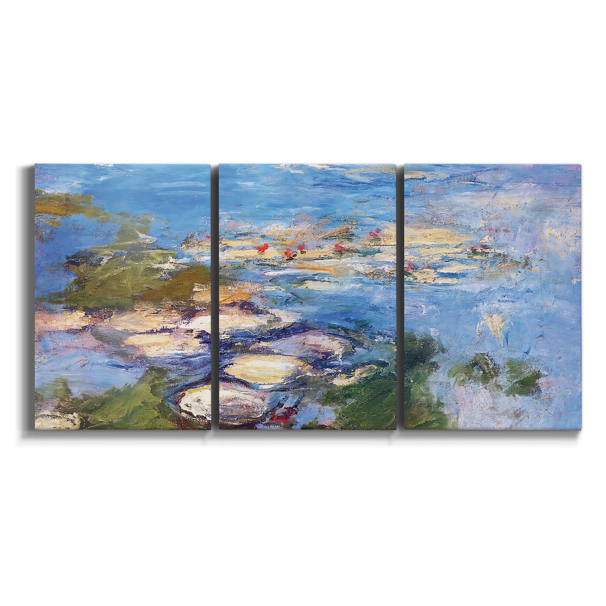 Three-panel canvas wall art featuring water lilies in blue and gold on white background.