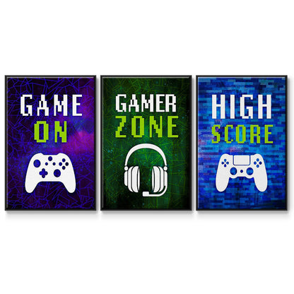 It's Game On I - Framed Premium Gallery Wrapped Canvas L Frame 3 Piece Set - Ready to Hang