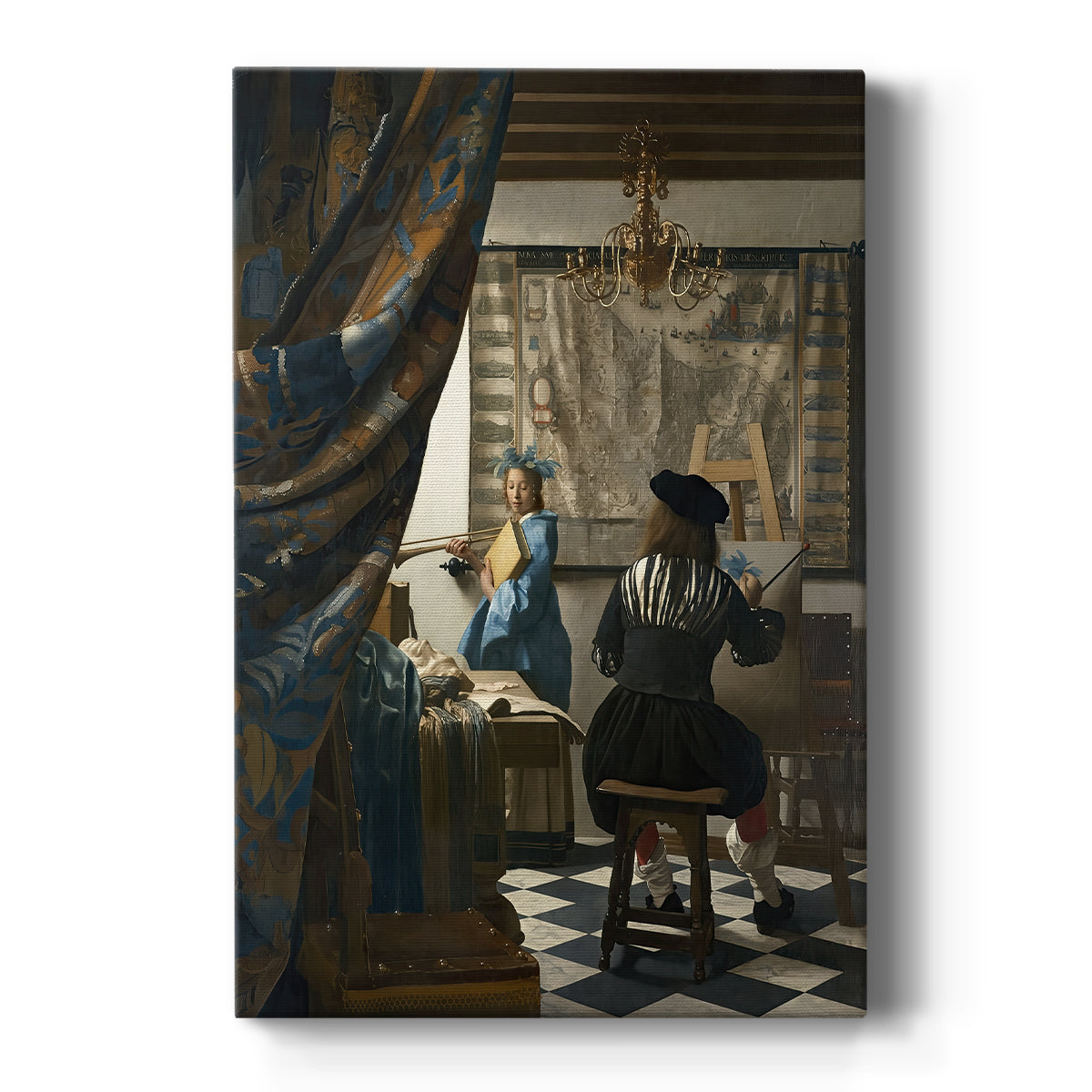 Canvas art print featuring a Baroque interior of a painter working before a model in soft light on a clean white background.