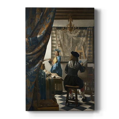 Canvas art print featuring a Baroque interior of a painter working before a model in soft light on a clean white background.