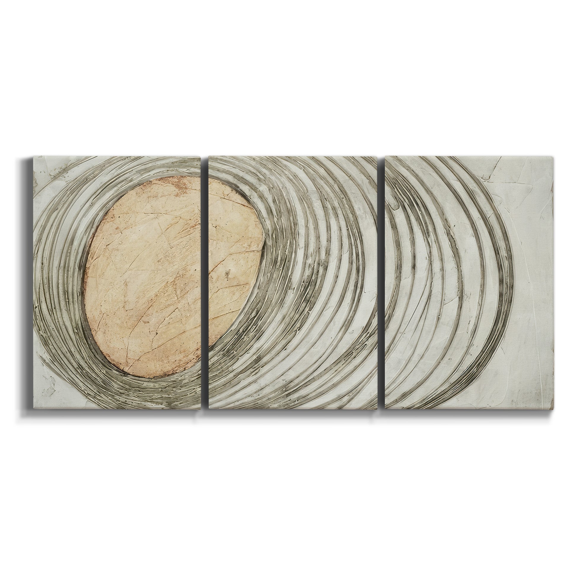 Three-panel canvas wall art featuring circular abstract energy forms on white background.