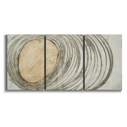 Three-panel canvas wall art featuring circular abstract energy forms on white background.