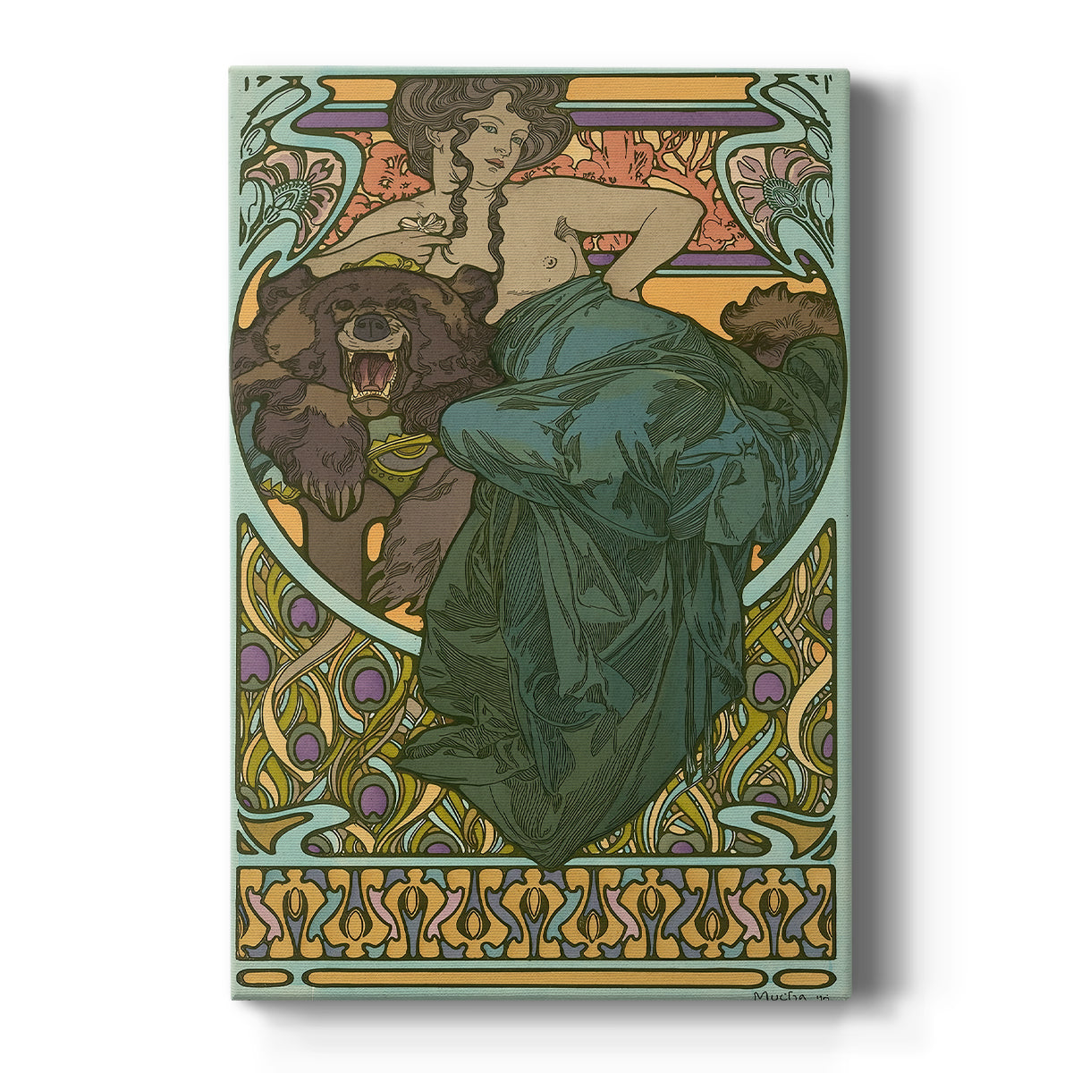Canvas art print featuring an Art Nouveau illustration of a reclining woman on a bearskin with soft decorative tones on a clean white background.